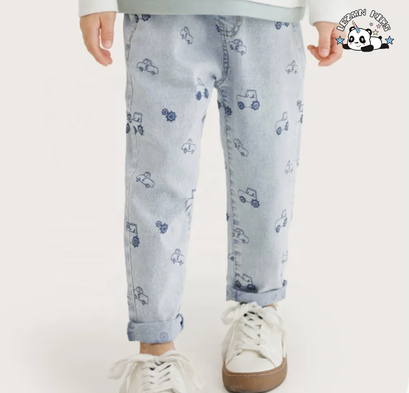 LEZONKIDS - Calças jeans personalizáveis para meninos com cintura elástica e abertura nos pés, estampa de desenho animado